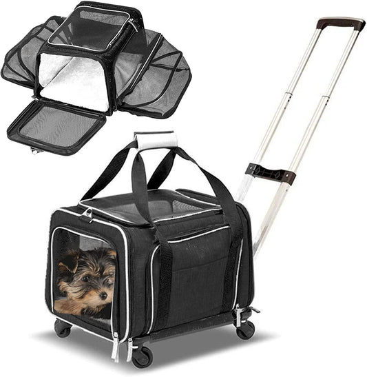 RUFF LIFE 101 Airline Approved Expandable Premium Pet Carrier on Wheels- Two Sided Rolling Carrier- Designed for Dogs & Cats- Extra Spacious Soft Lined Carrier- Black