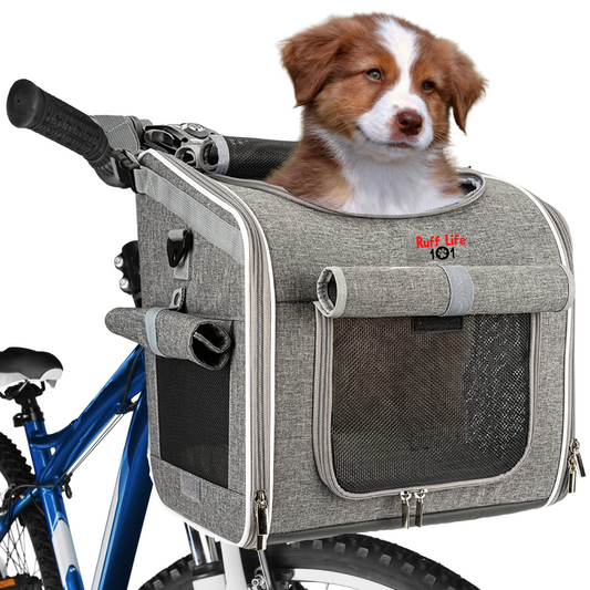 RUFF LIFE 101 Dog Bike Basket, Expandable Soft-Sided Pet Carrier Backpack with 4 Open Doors, 4 Mesh Windows for Medium Dog Cat Puppies - Grey