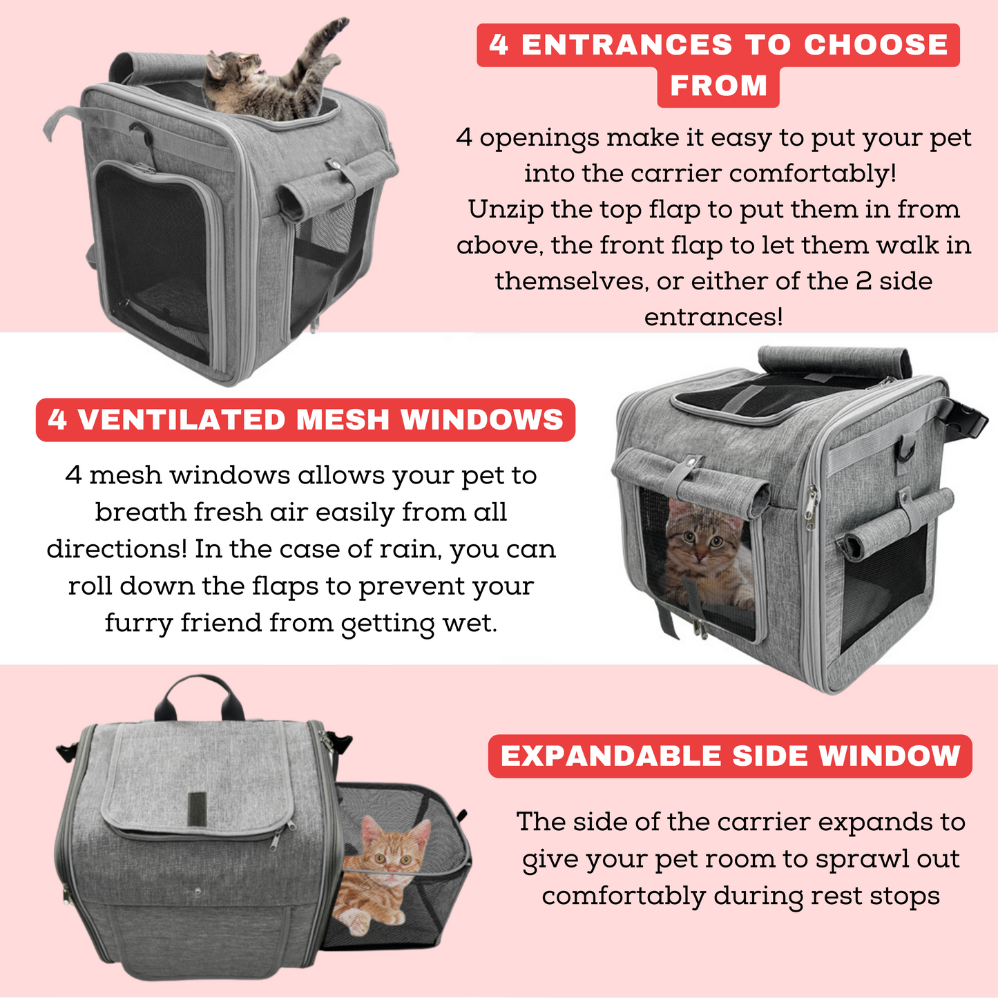 RUFF LIFE 101 Dog Bike Basket, Expandable Soft-Sided Pet Carrier Backpack with 4 Open Doors, 4 Mesh Windows for Medium Dog Cat Puppies - Grey