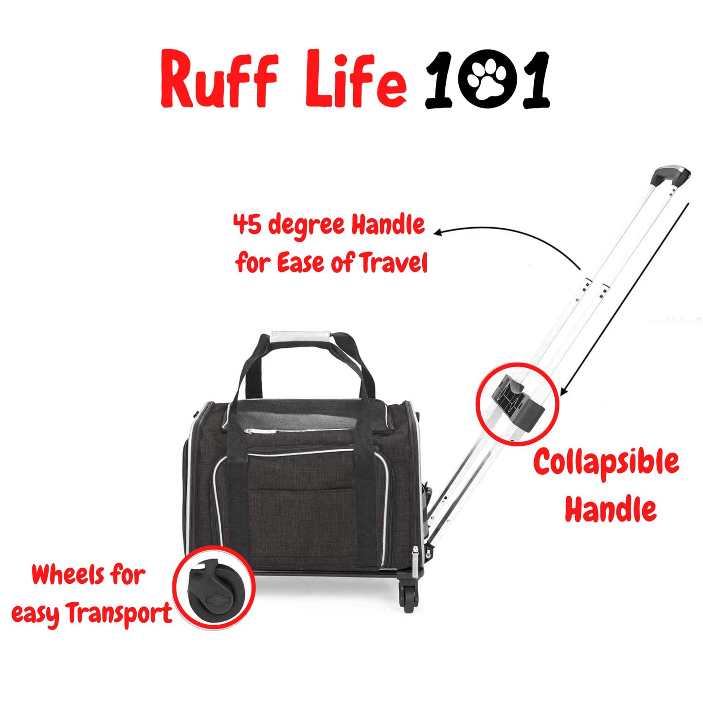 RUFF LIFE 101 Airline Approved Expandable Premium Pet Carrier on Wheels- Two Sided Rolling Carrier- Designed for Dogs & Cats- Extra Spacious Soft Lined Carrier- Black