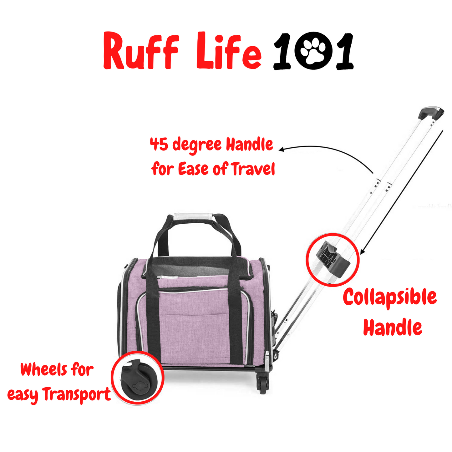 RUFF LIFE 101 Airline Approved Expandable Premium Pet Carrier on Wheels- Two Sided Rolling Carrier- Designed for Dogs & Cats- Extra Spacious Soft Lined Carrier- PINK