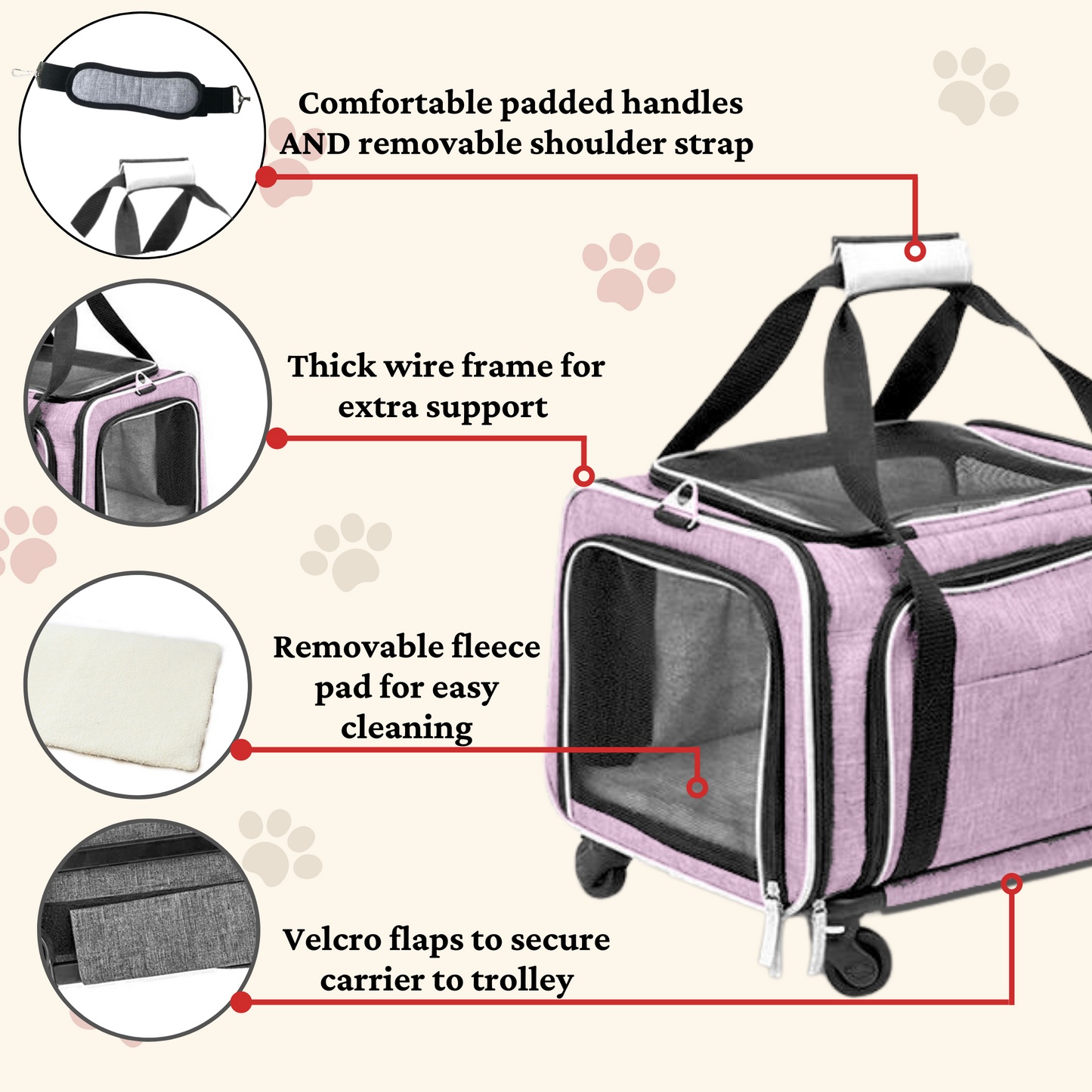 RUFF LIFE 101 Airline Approved Expandable Premium Pet Carrier on Wheels- Two Sided Rolling Carrier- Designed for Dogs & Cats- Extra Spacious Soft Lined Carrier- PINK